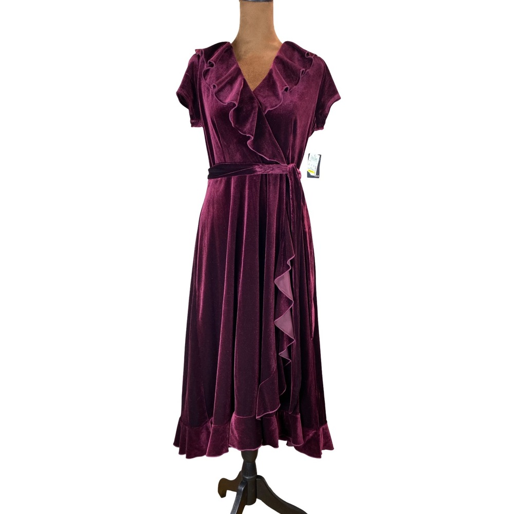 Gabby Skye Burgundy Velvet Ruffle V-Neck Midi Dress Wine Womens 6 NEW Goth Dark